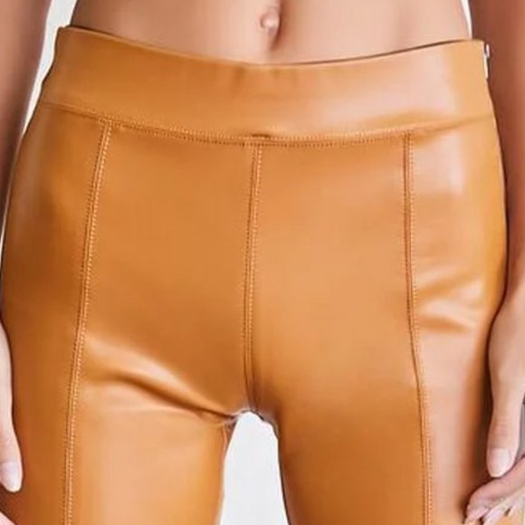 Faux Leather  Ankle Pants Med Coated Camel Brown Straight Skinny Stretch - Picture 7 of 12